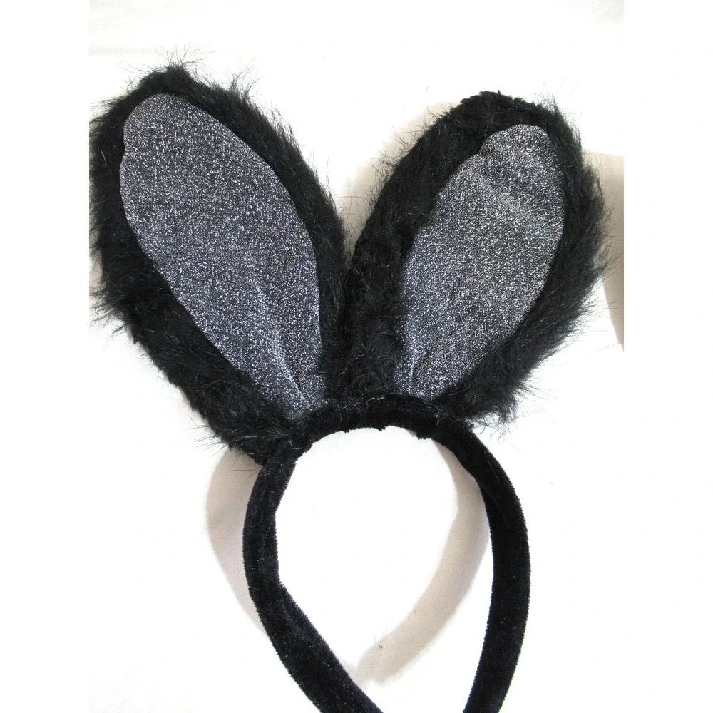 Halloween Bunny Kit Black & Silver Shimmer Headband Ears, Cotton Tail Bowtie